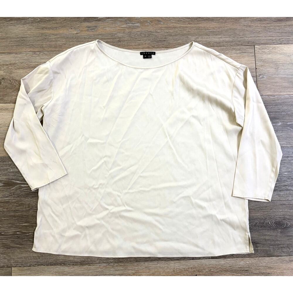 Theory Silk Blend Long Sleeve Blouse Women’s Medium Ivory Minimalist Luxe Top